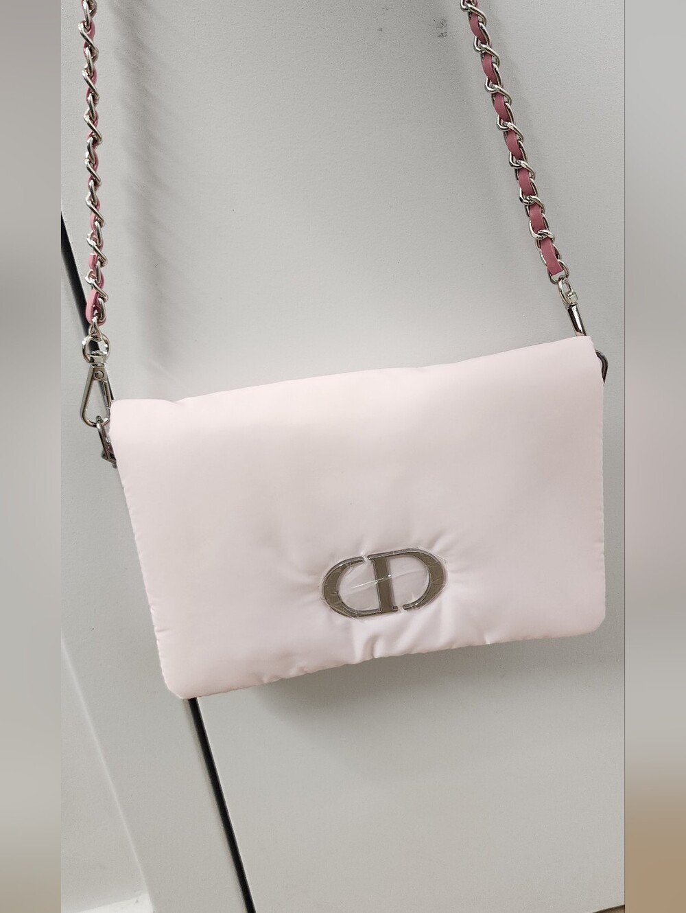 Christian Dior Puffy Pouch Pink Novelty Clutch Bag CD Logo Long Chain Strap - Picture 3 of 9